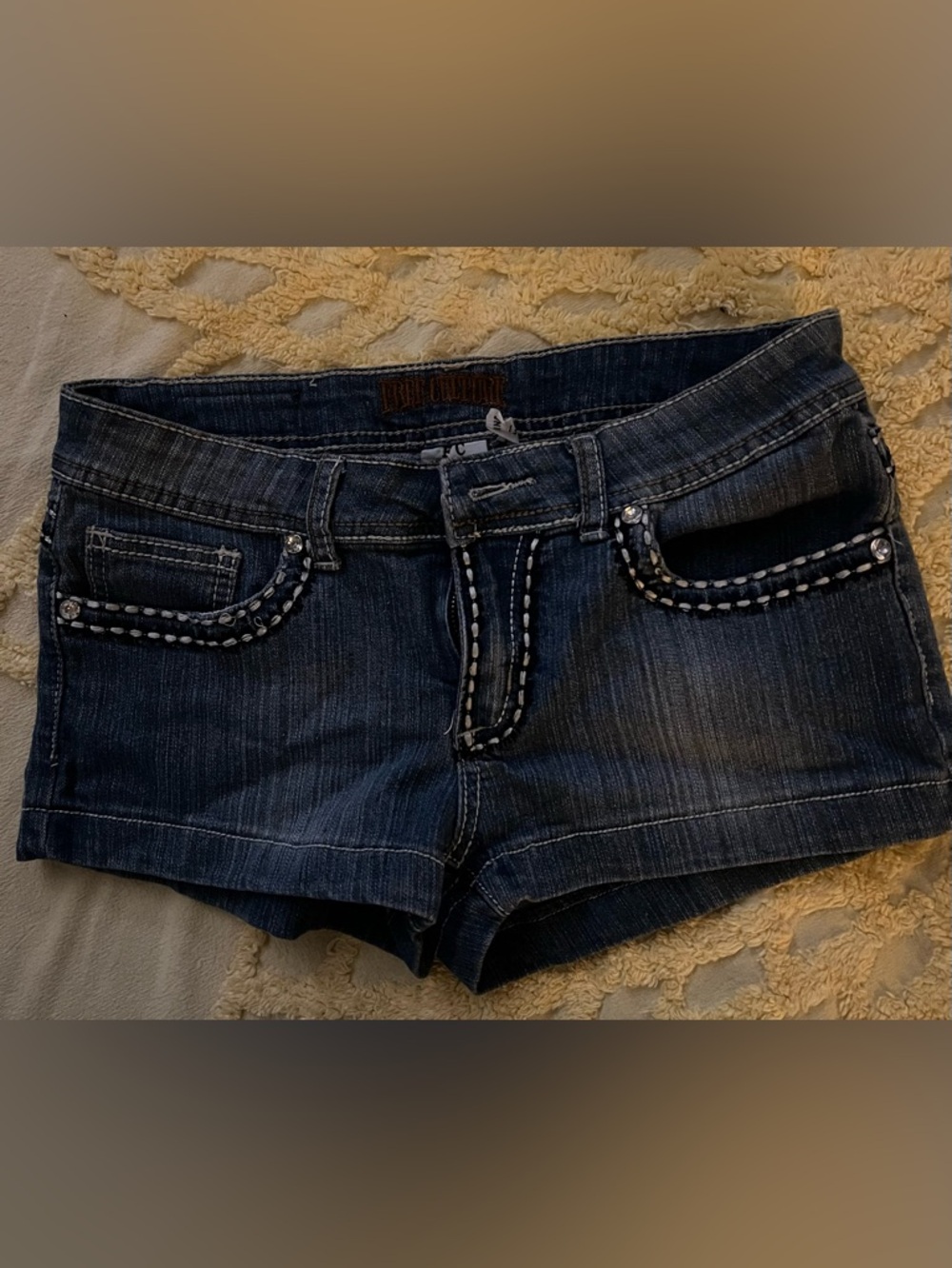 Dark Blue Denim Jean Shorts with Contrast Stitching